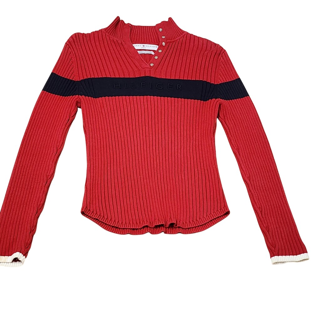 Vintage Tommy Hilfiger Jeans Sweater Womens Large Red Ribbed Henley Logo Knit